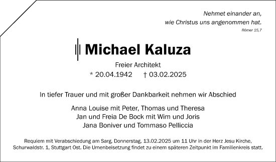 Traueranzeige von Michael Kaluza von Stuttgarter Zeitung / Stuttgarter Nachrichten