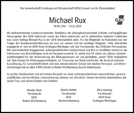Traueranzeige von Michael Rux von Stuttgarter Zeitung / Stuttgarter Nachrichten