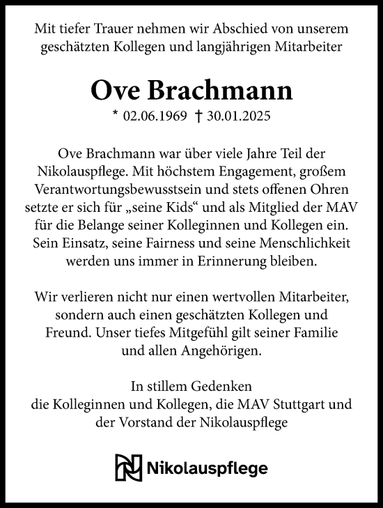 Traueranzeige von Ove Brachmann von Stuttgarter Zeitung / Stuttgarter Nachrichten