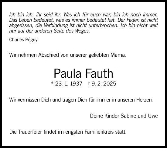 Traueranzeige von Paula Fauth von Stuttgarter Zeitung / Stuttgarter Nachrichten