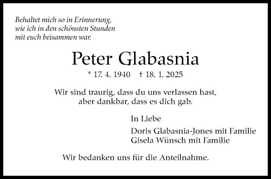 Traueranzeige von Peter Glabasnia von Stuttgarter Zeitung / Stuttgarter Nachrichten