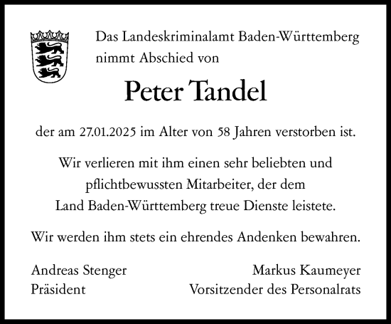 Traueranzeige von Peter Tandel von Stuttgarter Zeitung / Stuttgarter Nachrichten