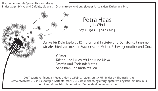 Traueranzeige von Petra Haas von Stuttgarter Zeitung / Stuttgarter Nachrichten