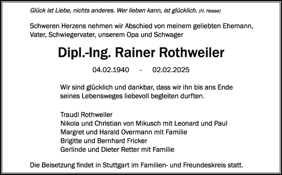 Traueranzeige von Rainer Rothweiler von Stuttgarter Zeitung / Stuttgarter Nachrichten