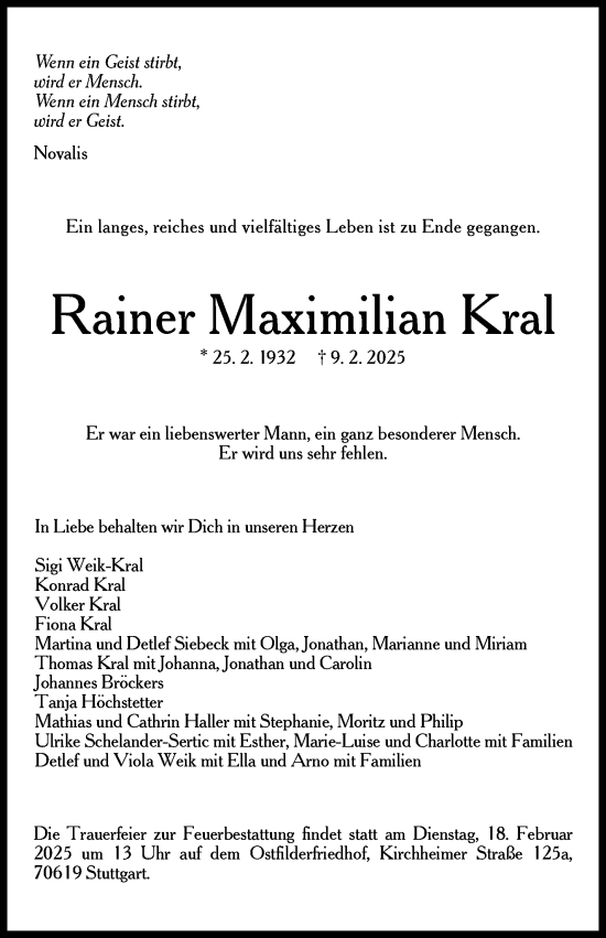Traueranzeige von Rainer Maximilian Kral von Stuttgarter Zeitung / Stuttgarter Nachrichten