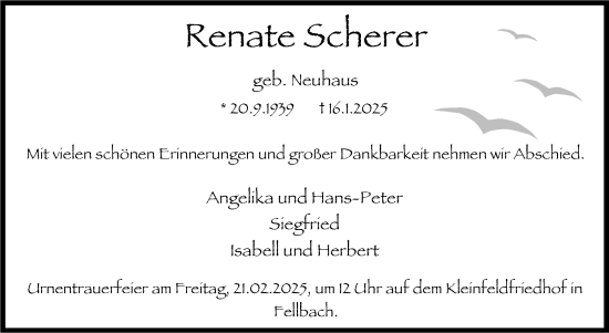 Traueranzeige von Renate Scherer von Stuttgarter Zeitung / Stuttgarter Nachrichten