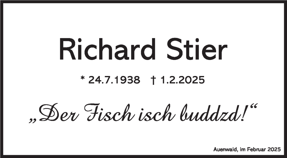  Traueranzeige für Richard Stier vom 06.02.2025 aus Stuttgarter Zeitung / Stuttgarter Nachrichten