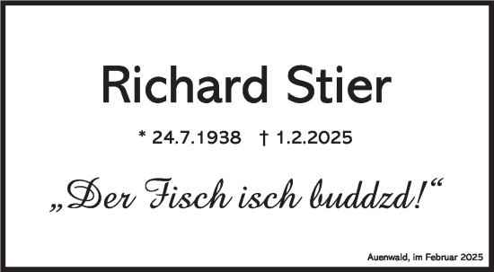 Traueranzeige von Richard Stier von Stuttgarter Zeitung / Stuttgarter Nachrichten
