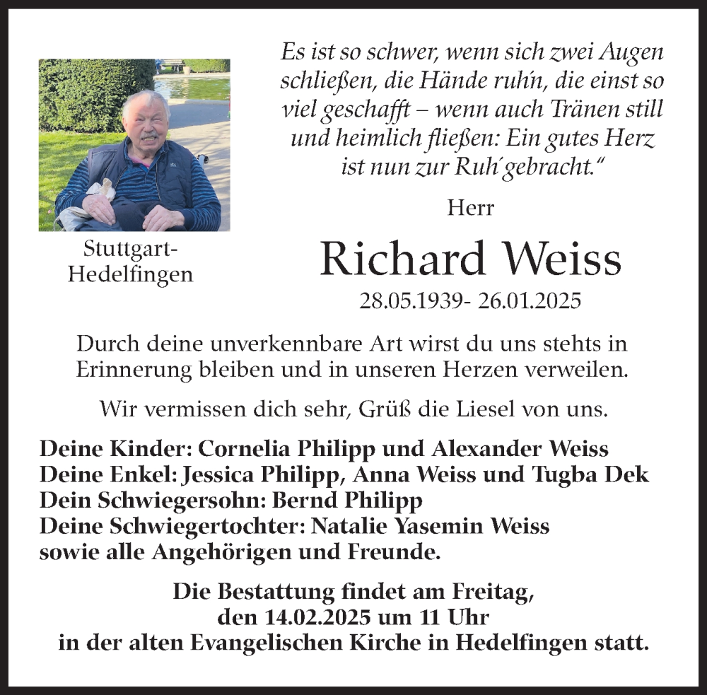  Traueranzeige für Richard Weiss vom 13.02.2025 aus Stuttgarter Zeitung / Stuttgarter Nachrichten