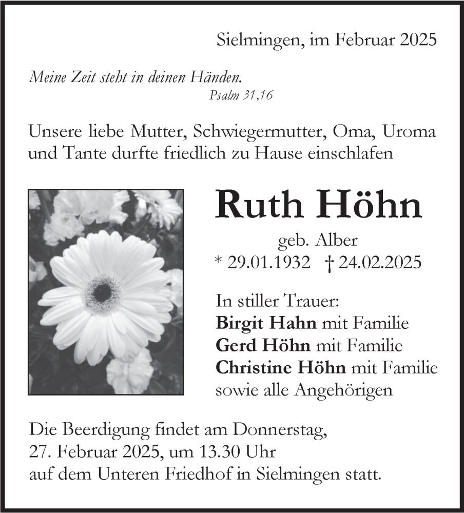  Traueranzeige für Ruth Höhn vom 26.02.2025 aus Stuttgarter Zeitung / Stuttgarter Nachrichten