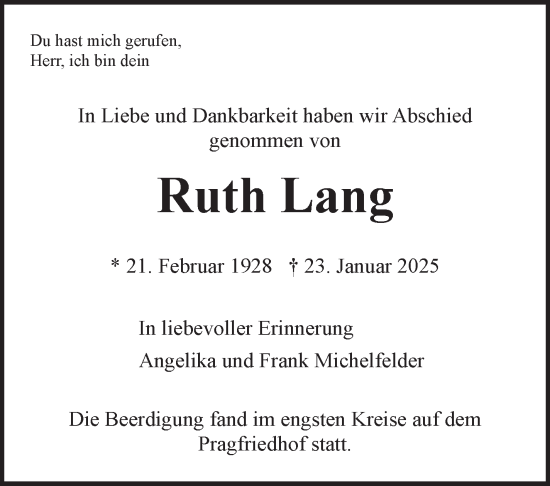 Traueranzeige von Ruth Lang von Stuttgarter Zeitung / Stuttgarter Nachrichten