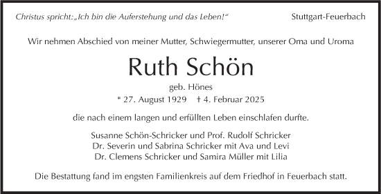 Traueranzeige von Ruth Schön von Stuttgarter Zeitung / Stuttgarter Nachrichten