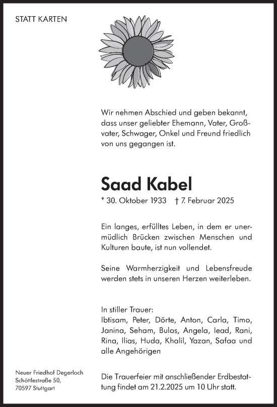 Traueranzeige von Saad Kabel von Stuttgarter Zeitung / Stuttgarter Nachrichten