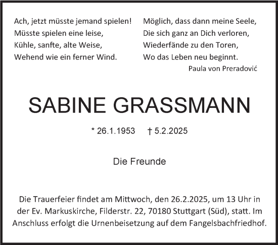 Traueranzeige von Sabine Grassmann von Stuttgarter Zeitung / Stuttgarter Nachrichten