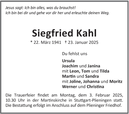 Traueranzeige von Siegfried Kahl von Stuttgarter Zeitung / Stuttgarter Nachrichten