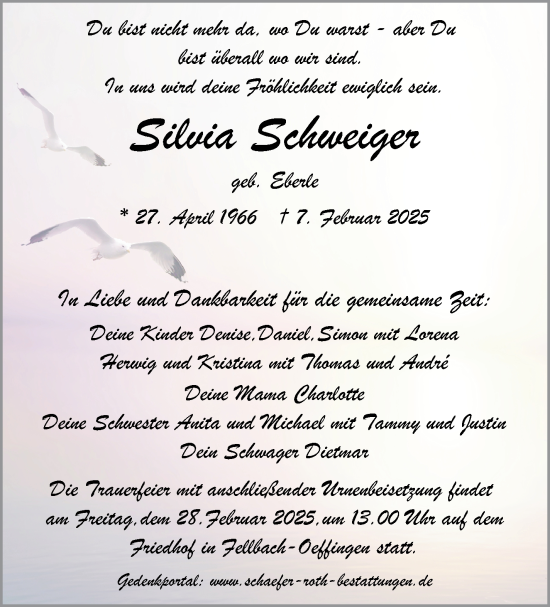 Traueranzeige von Silvia Schweiger von Stuttgarter Zeitung / Stuttgarter Nachrichten