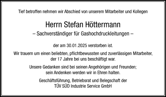 Traueranzeige von Stefan Höttermann von Stuttgarter Zeitung / Stuttgarter Nachrichten