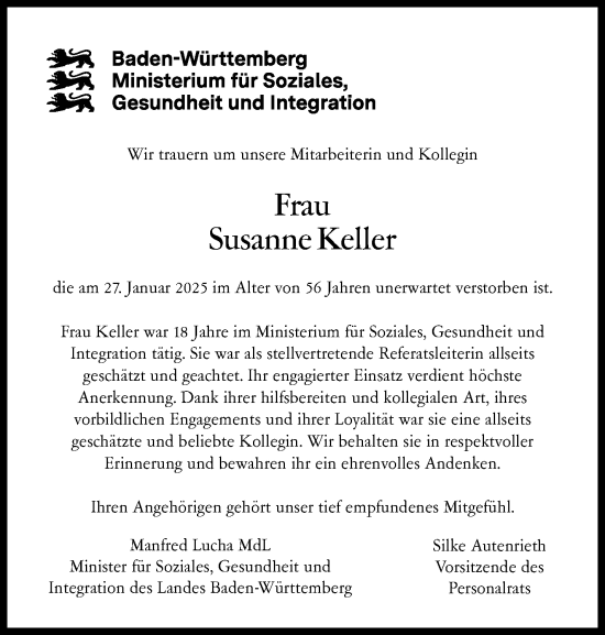 Traueranzeige von Susanne Keller von Stuttgarter Zeitung / Stuttgarter Nachrichten
