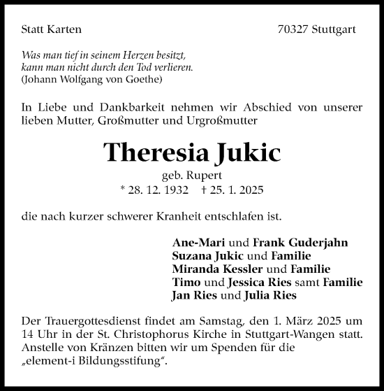 Traueranzeige von Theresia Jukic von Stuttgarter Zeitung / Stuttgarter Nachrichten