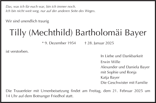 Traueranzeige von Tilly Bartholomäi  Bayer von Stuttgarter Zeitung / Stuttgarter Nachrichten