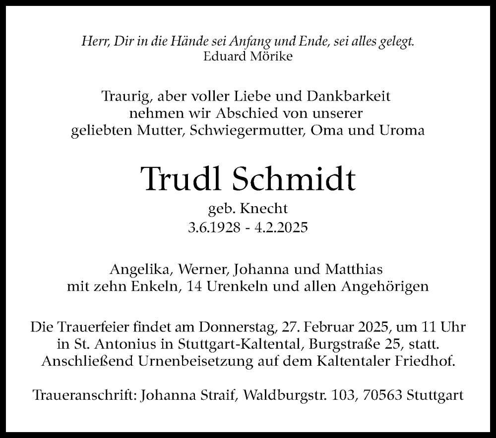  Traueranzeige für Trudl Schmidt vom 10.02.2025 aus Stuttgarter Zeitung / Stuttgarter Nachrichten