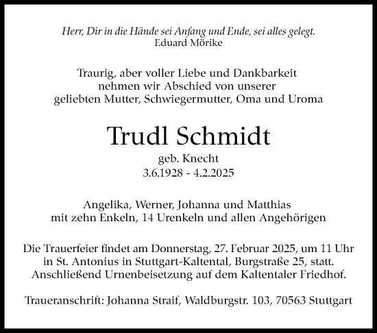 Traueranzeige von Trudl Schmidt von Stuttgarter Zeitung / Stuttgarter Nachrichten