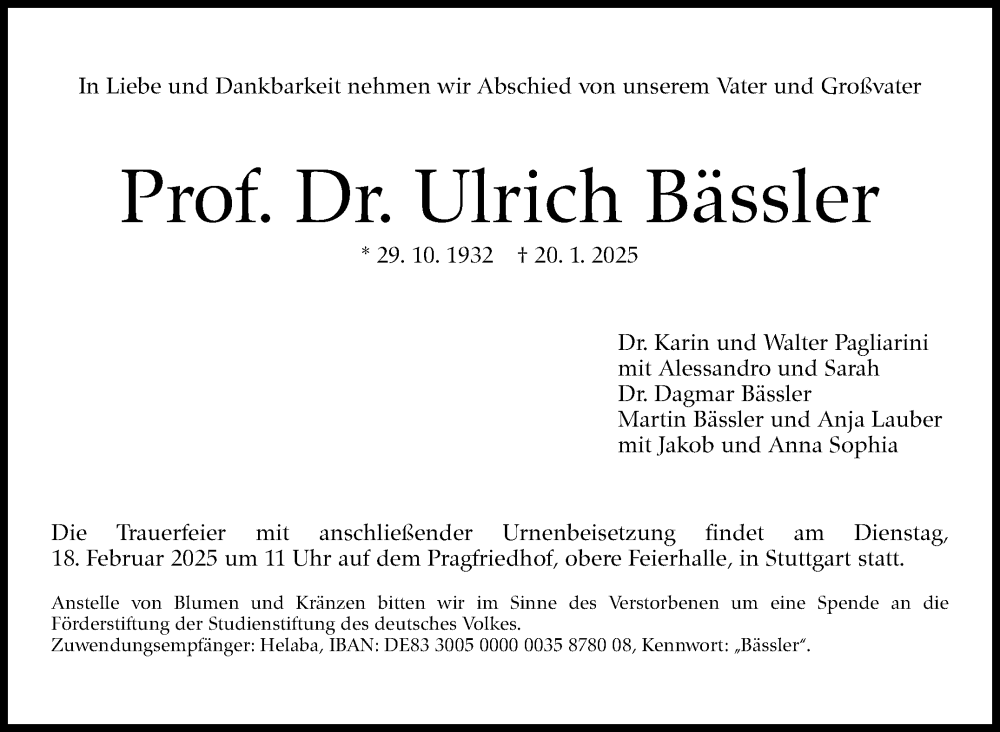  Traueranzeige für Ulrich Bässler vom 08.02.2025 aus Stuttgarter Zeitung / Stuttgarter Nachrichten