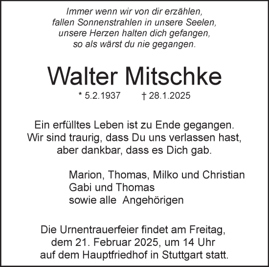 Traueranzeige von Walter Mitschke von Stuttgarter Zeitung / Stuttgarter Nachrichten