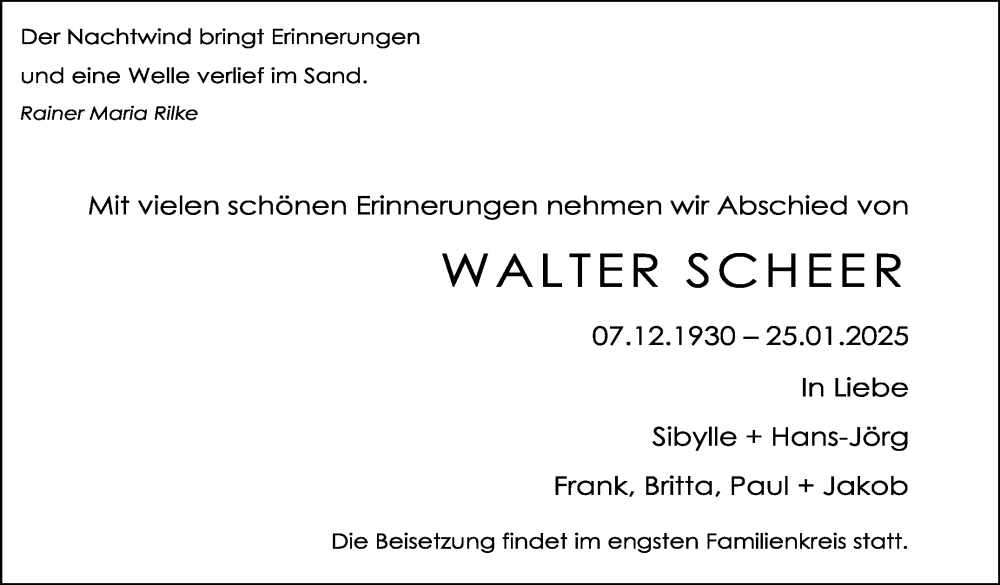  Traueranzeige für Walter Scheer vom 15.02.2025 aus Stuttgarter Zeitung / Stuttgarter Nachrichten