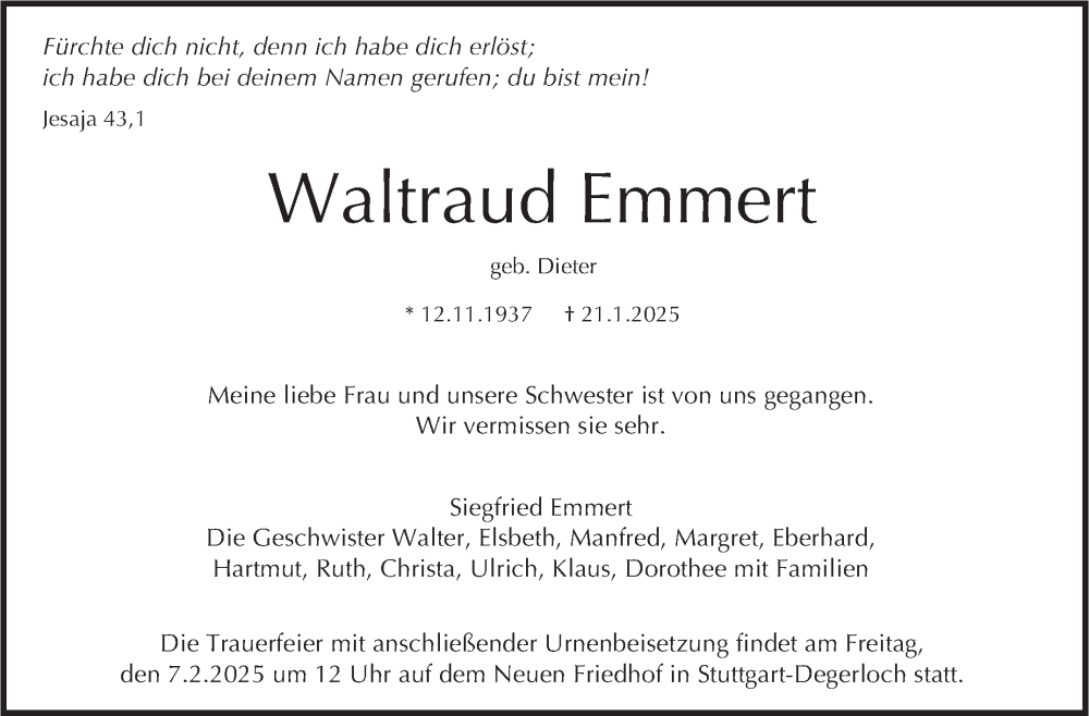  Traueranzeige für Waltraud Emmert vom 01.02.2025 aus Stuttgarter Zeitung / Stuttgarter Nachrichten