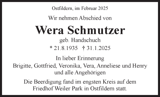 Traueranzeige von Wera Schmutzer von Stuttgarter Zeitung / Stuttgarter Nachrichten