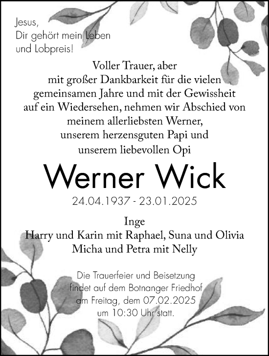 Traueranzeige von Werner Wick von Stuttgarter Zeitung / Stuttgarter Nachrichten