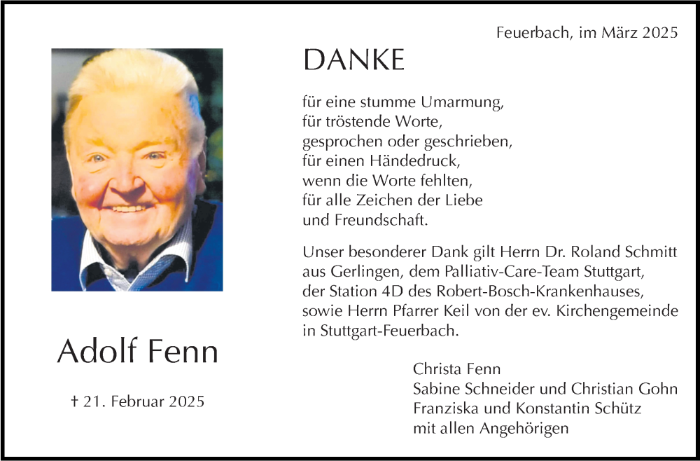  Traueranzeige für Adolf Fenn vom 21.03.2025 aus Stuttgarter Zeitung / Stuttgarter Nachrichten