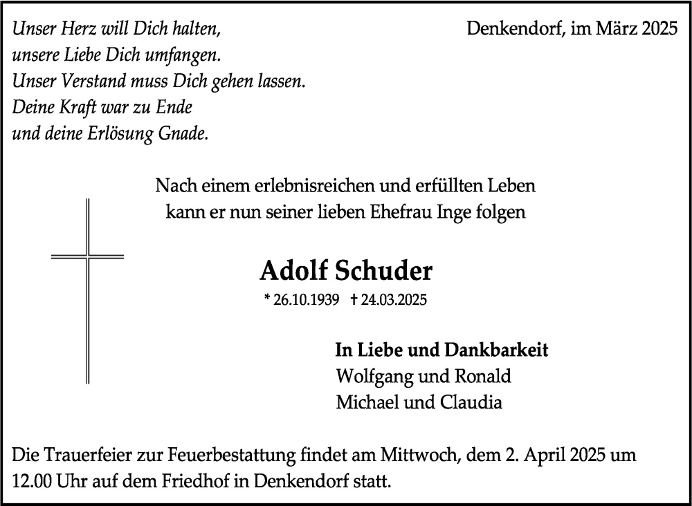  Traueranzeige für Adolf Schuder vom 29.03.2025 aus Stuttgarter Zeitung / Stuttgarter Nachrichten