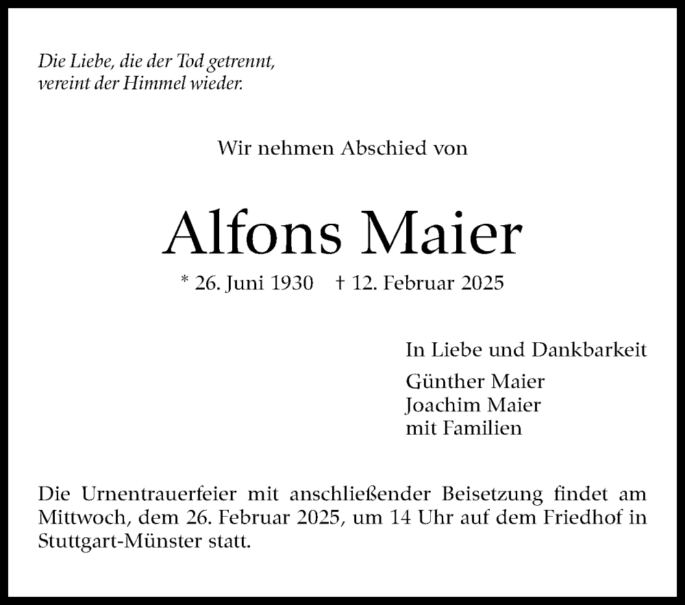  Traueranzeige für Alfons Maier vom 22.02.2025 aus Stuttgarter Zeitung / Stuttgarter Nachrichten