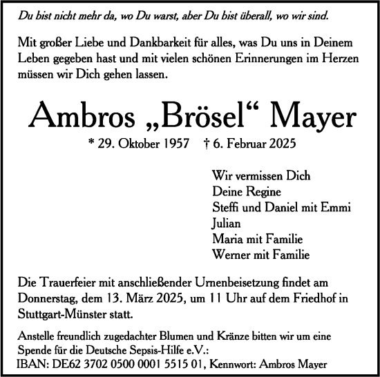 Traueranzeige von Ambros Mayer von Stuttgarter Zeitung / Stuttgarter Nachrichten