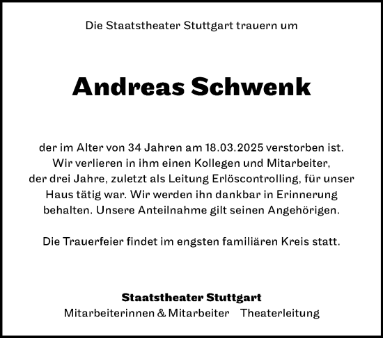 Traueranzeige von Andreas Schwenk von Stuttgarter Zeitung / Stuttgarter Nachrichten