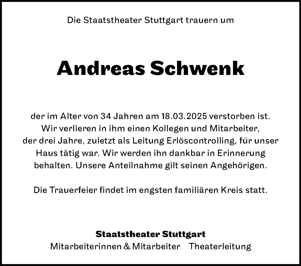  Traueranzeige für Andreas Schwenk vom 29.03.2025 aus Stuttgarter Zeitung / Stuttgarter Nachrichten