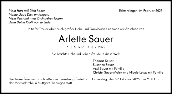Traueranzeige von Arlette Sauer von Stuttgarter Zeitung / Stuttgarter Nachrichten