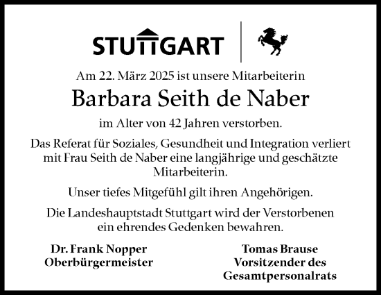 Traueranzeige von Barbara Seith de Naber von Stuttgarter Zeitung / Stuttgarter Nachrichten