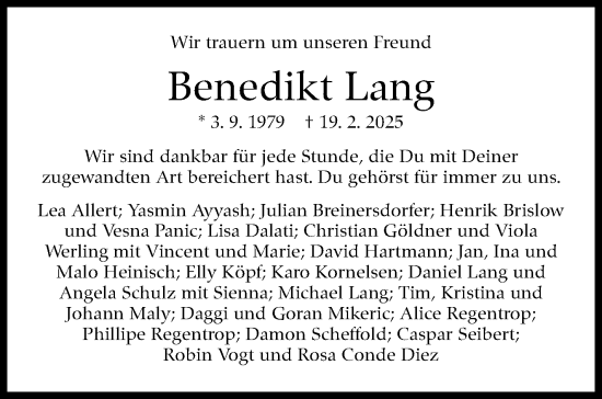Traueranzeige von Benedikt Lang von Stuttgarter Zeitung / Stuttgarter Nachrichten