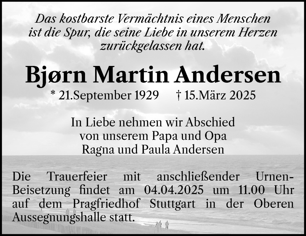  Traueranzeige für Bjorn Martin Andersen vom 29.03.2025 aus Stuttgarter Zeitung / Stuttgarter Nachrichten