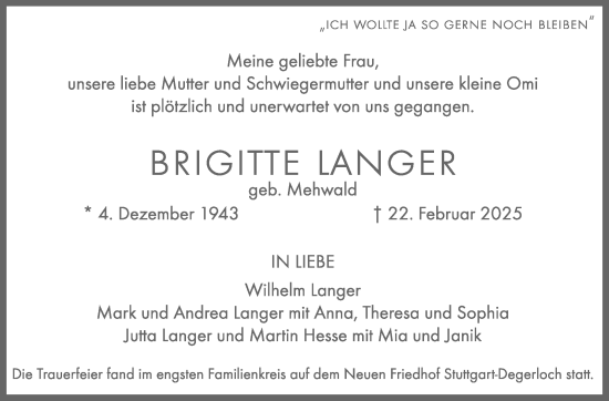 Traueranzeige von Brigitte Langer von Stuttgarter Zeitung / Stuttgarter Nachrichten