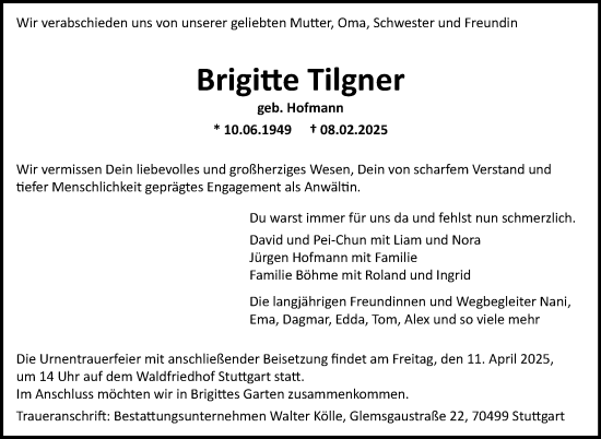 Traueranzeige von Brigitte Tilgner von Stuttgarter Zeitung / Stuttgarter Nachrichten