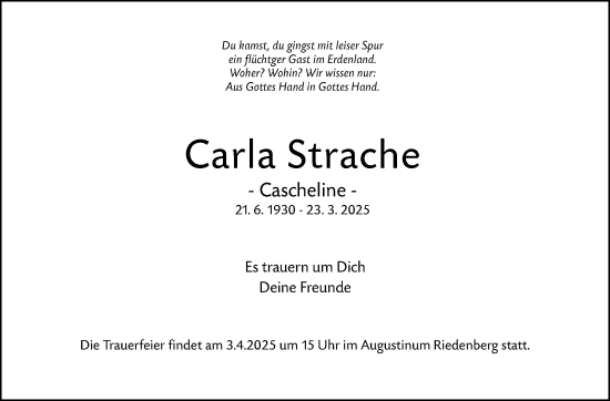 Traueranzeige von Carla Strache von Stuttgarter Zeitung / Stuttgarter Nachrichten