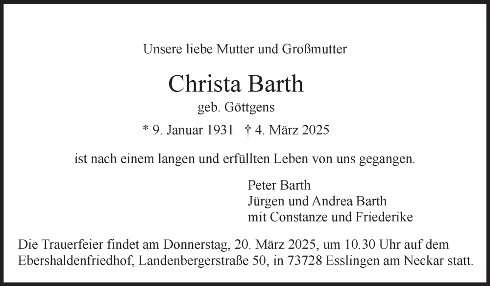  Traueranzeige für Christa Barth vom 13.03.2025 aus Stuttgarter Zeitung / Stuttgarter Nachrichten