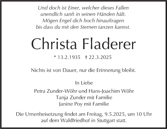 Traueranzeige von Christa Fladerer von Stuttgarter Zeitung / Stuttgarter Nachrichten