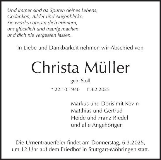Traueranzeige von Christa Müller von Stuttgarter Zeitung / Stuttgarter Nachrichten