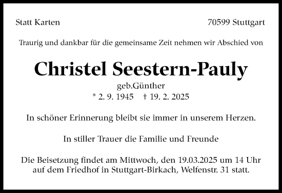 Traueranzeige von Christel Seestern-Pauly von Stuttgarter Zeitung / Stuttgarter Nachrichten