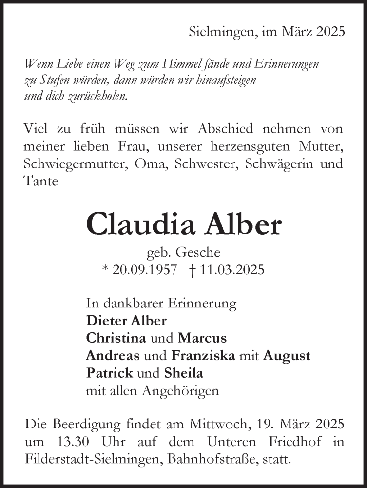  Traueranzeige für Claudia Alber vom 15.03.2025 aus Stuttgarter Zeitung / Stuttgarter Nachrichten